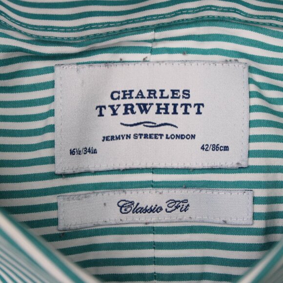 Charles Tyrwhitt Dress Shirt Mens 16 1/2, 34 Green/White Classic Fit L/S Button - Picture 8 of 13
